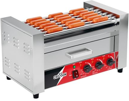 CROSSON 2 in 1 Profi Hot Dog Grill,7 Rollen Edelstahl Hot Dog Machine Elektrogrill 1350W mit Brötchenwärmer,Dual-Temp-Steuerung