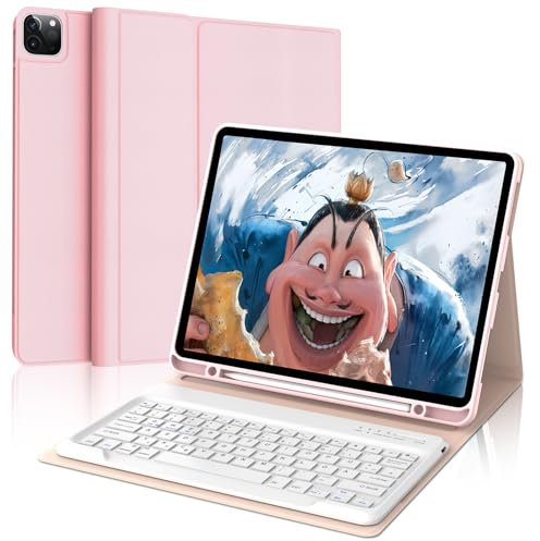FOGARI Hülle mit Tastatur für iPad Pro 12.9 Zoll (6. / 5. / 4. / 3. Generation), Deutsches QWERTZ Layout, Magnetisch Abnehmbarer abellos Bluetooth Tastatur für iPad 12,9 2022/2021/2020/2018, Rosa