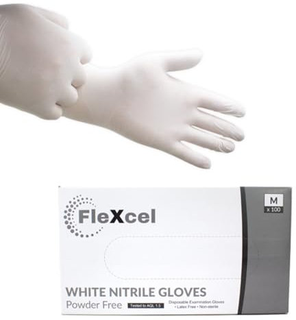 FleXcel White Nitrile Gloves (Box of 100) Size Large - Multipurpose Powder Free, Latex Free, Medical Grade, Food Safe Examination Gloves - AQL 1.5 PPE Regulation 2016/425 Category III Certified