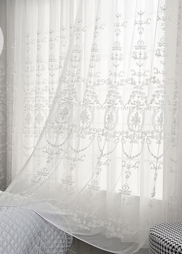 Lote de 2 visillos blancos de 150 x 200 cm de poliéster con bordado floral con ganchos