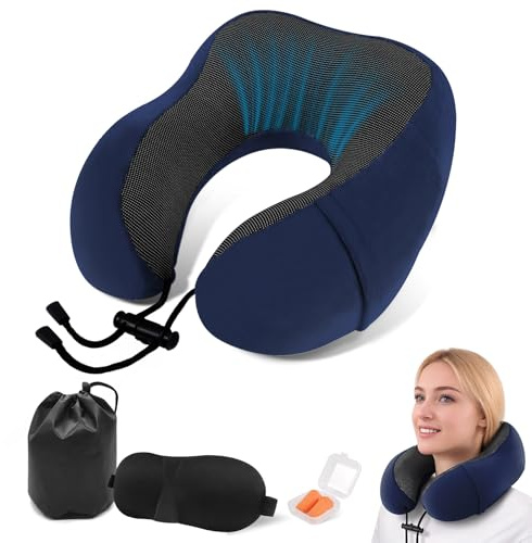 ARTREE Almohada de Viaje para Cuello Ajustable - Cojín Cervical con Sistema de Cinta Reguladora, Espuma Memoria Portátil para Avión/Coche, Incluye Funda + Bolsa