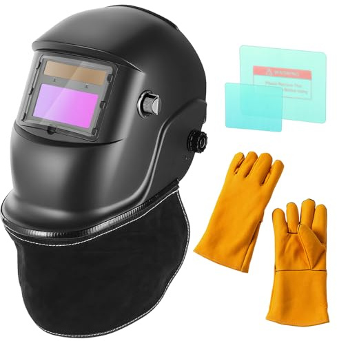 BOSYTRO Maschera per saldatura, oscurante automatico, batteria sostituibile, con 2 pellicole protettive + guanti da sudore + protezione per il collo in vera pelle, tinta regolabile 9-13 per ARC Cut
