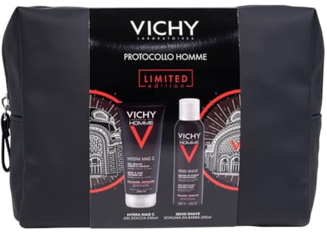 Vichy Homme Pochette Regalo, Con Gel Doccia Hydra Mag C e Schiuma da Barba Sensi Shave, Adatto a Pelli Sensibili, Pelle del Corpo e Capelli Rivitalizzati, Rasatura Senza Irritazioni, 200 ml + 200 ml