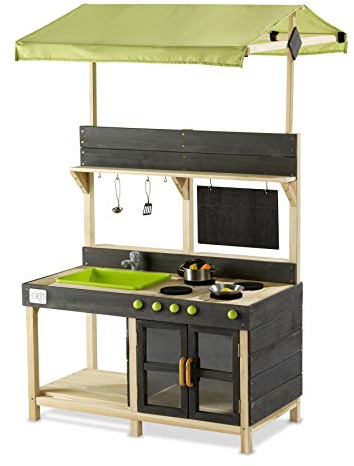 EXIT Toys Yummy 300 Holz-Spielküche - Mit funktionierendem Wasserhahn - Mit Ofen und Küchengeräten - Herausnehmbares Waschbecken - Spielküche aus Holz - 100% FSC Holz - 98x102x164cm - Natur