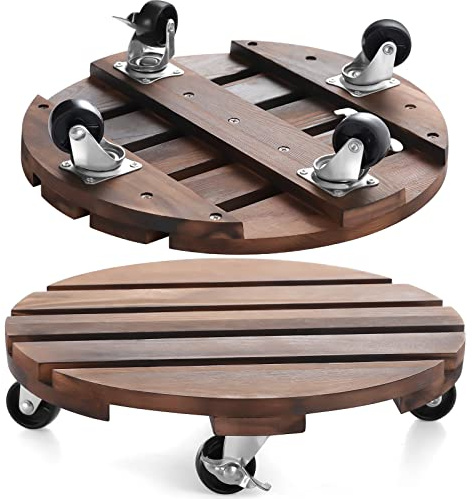 2pack 12 Plant Caddy Plant Stand with Wheels Rolling Plant Stand Heavy Duty Wooden Round Plant Dolly Rollers with Metal Lockable Casters Indoor Outdoor Pot Plant Roller Base Caddies,Patio,Flower Pot