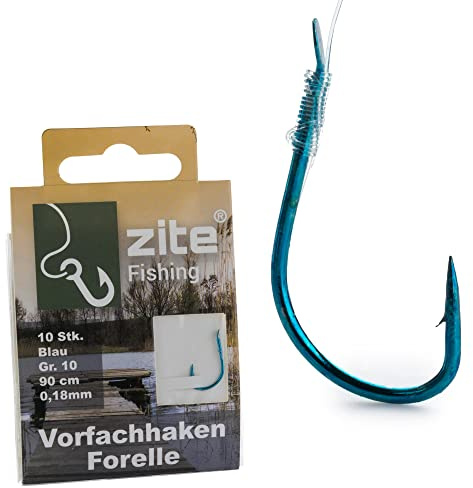 Zite Fishing Vorfach-Haken Forelle Gebunden – Größe 8-10 Angelhaken mit Vorfach-Schnur – Forellenhaken Blau mit Angelschnur (Größe 10)