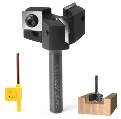 Planfräser 8mm Schaft 3 Flöten mit Austauschbaren Hartmetallmessern(12x12x1.5mm, 35°) für Holz Durchmesser 39mm, CNC Plattenfräser Reinigung Fräser für Oberfräse/CNC Maschinen(D=39 S=8)