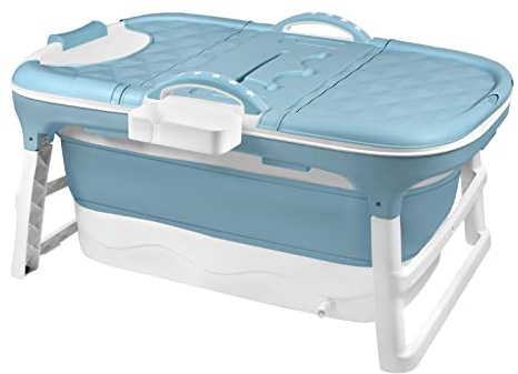FIVMEN Faltbare Badewanne Erwachsene 118x60x53cm Klappbadewanne mit Abdeckung und Korb Mobile Foldable Bathtub Freistehende für Badezimmer, Dusche und Balkon, Blau