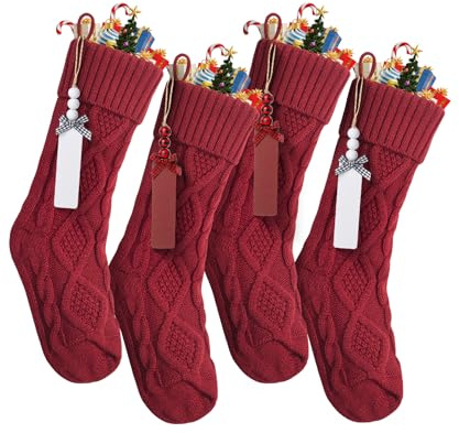 Mr. Pen- Personalized Christmas Stockings with Wooden Name Tags, Set of 4, 18 Red Cable Knit Stockings for Christmas
