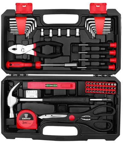 DEKO Tool Kit Set Box 62 Piece Home Repair DIY Tools Basic Hand Toolbox Sets for Home (Red)