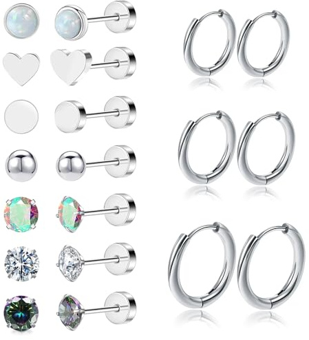 QMLING 10 Paires Boucles D'oreilles Femme Acier Inoxydable, Créoles Clous D'oreilles Hypoallergénique, Boucles D'oreilles en Zircone Cubique pour Piercing Oreille et Piercing Helix