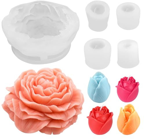 5 Stück Kerzen Silikonformen, 3D silikonform Kerzenform Blume Kerzengießformen, Tulpenform Silikonform, Handgemachte Seife Silikonform Blumen Rose kerzen für Muttertag Valentinstag Geburtstagsfeier