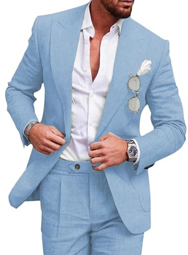 UNINUKOO Linen Suit for Men Summer Wedding 2 Piece Suit Set Peak Lapel Casual Blazer Pants Beach Wear for Men, Sky Blue, M