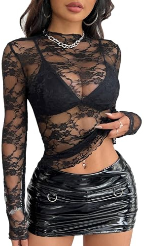 AIEOE Mujeres Top de Manga Larga de Malla Transparente Tops Encaje Túnica Camisa Floral Clubwear Tamaño S Negro