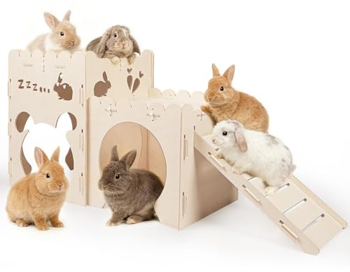 Large Rabbit Castle, Wooden Bunny House,Detachable Rabbit Hideaway, Indoor Hamster Castle with Ramp, Small Animal Houses & Habitats for Guinea Pig Chinchilla Ferret(2 House)