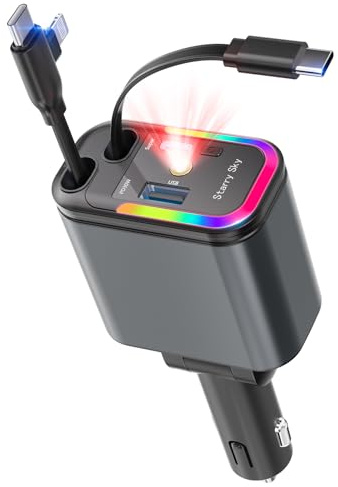 Allume-Cigare USB, Chargeur de Voiture avec projecteur Ciel étoilé, Chargeur de Voiture 120 W, 30 W intégré, Extensible Type-C et USB-C (65 cm), Adaptateur USB 12 V pour iPhone/Android