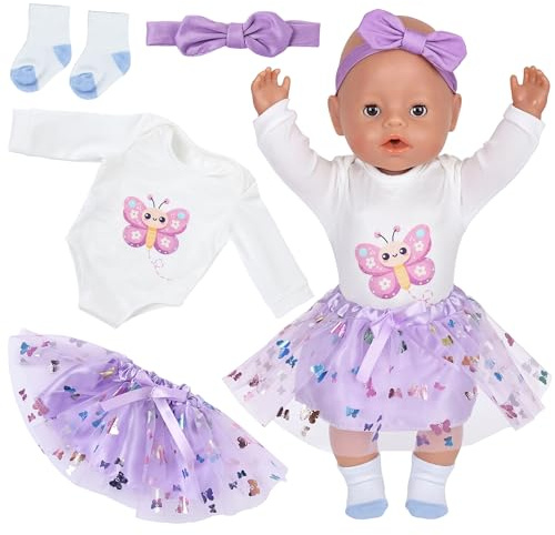 4 Pcs Baby Doll Clothes for 14-17 Inch Doll, New Doll Clothes Outfits Includes 1 Jumpsuit 1 Poncho 1 Hairband 1 Socks, Dolls Clothes Compatible with New Born Baby 35-45 cm Doll (Purple Butterfly)