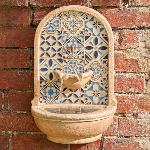 Festive Lights - 50cm Aragon Wall Mounted Solar Water Fountain with Mosaic Design - Multicoloured Polyresin, IP44 Rated, Outdoor Garden Feature - Recirculating Pump, Fixing Kit & Battery Included