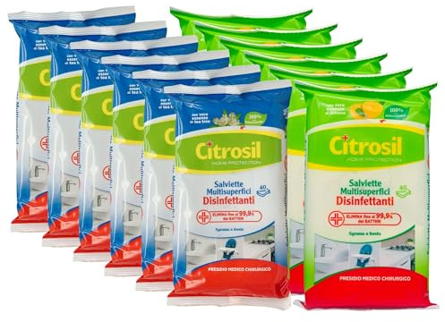 SET Da 12 Confezioni x 40 Panni Di Salviette DISINFETTANTI Multisuperfici, Sgrassa a Fondo. Con Vere Essenze Di TEA TREE e LIMONE