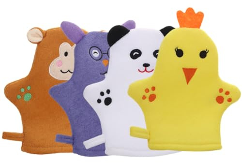 Healeved Moufles de Bain pour Garçon et Filles 4 Pièces en Polyester Doux, Moufles Exfoliants Moussants pour Massage Peau et Nettoyage, Adaptés Bain des Tout-petits