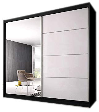 MOEBLO Kleiderschrank Schwebetürenschrank mit Spiegel 2-türig Schrank mit vielen Einlegeböden und Kleiderstange Gaderobe Schiebtüren BxHxT 233x218x61 - K006 (Schwarz + halb-Hochglanz + Spiegel)