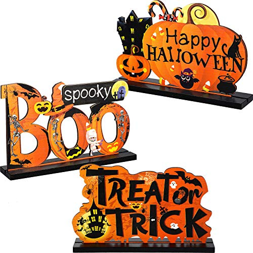 Blulu 3 Pcs Halloween Centerpieces for Tables Happy Indoor Table Decorations Pumpkin Table Centerpieces Wooden Boo Trick or Treat Sign for Halloween Party Indoor Tier Tray Room (Boo)