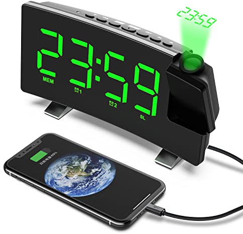 VORRINC Projektionswecker, Digital Wecker Radiowecker mit Projektion 180 °, USB-Anschluss Doppelalarme Snooze 12 / 24H, 3 Projektionshelligkeit mit Automatischem Dimmer, für Schlafzimmer Decke (Grün)