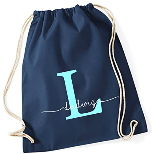 minimutz Personalisierter Turnbeutel mit Buchstabe und Name | Motiv Monogramm Initiale | Bedruckter Stoffbeutel Kordel-Rucksack zum Zuziehen | Geschenk-Idee Schulanfänger Geburtstag (dunkelblau)
