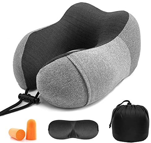 Gvolatee Nackenkissen Set mit 3D Schlafmaske und Ohrstöpsel - Abnehmbarer Bezug - Memory Schaum - Reißverschluss - inkl. Aufbewahrungstasche - Reisekissen - Farbe wählbar (Grau)