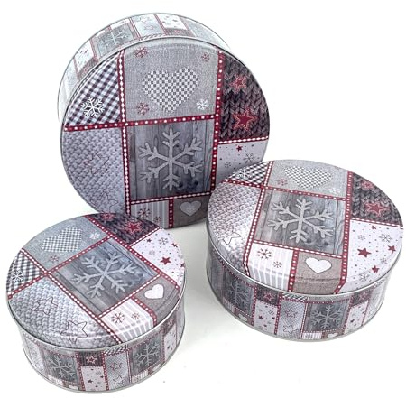 heimtexland ® 3er Set Gebäckdosen Keksdose Vorratsdose Weihnachten Plätzchen Geschenkbox Lebensmittel Aufbewahrung Metalldosen Typ658 Hüttenzauber Patchwork