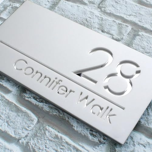 Placa personalizada de acrílico moderno cortado con láser 3D para exteriores con números de casa, placas de dirección con nombre de calle para casa (blanco)