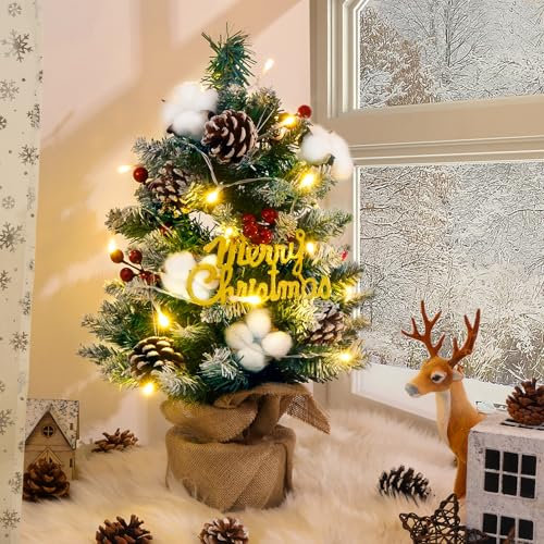 Livofloral Künstlicher Weihnachtsbaum mit Lichterkette, Weihnachtsbaum Klein für Innen Weihnachten Deko, Mini Tisch-Weihnachtsbaum mit roten Beeren Tannenzapfen, Tannenbaum Künstlich Weihnachtscedor