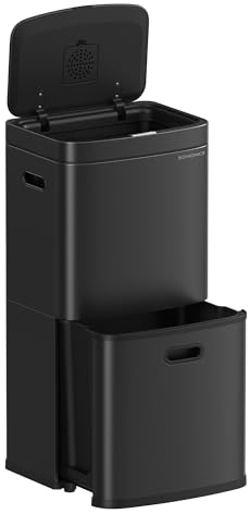 SONGMICS Mülleimer Küche, Mülltrennsystem 3 Fächer, 2 x 10 L und 30 L, Abfalleimer aus Stahl, platzsparend, Inneneimer, Kohlefilter, 39,5 x 29,8 x 80,2 cm, tintenschwarz LTB551B02
