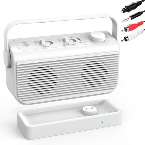 ANSTEN Sprachverstärker für Fernseher, 30m Reichweite, Fernseher Lautsprecher Tragbar mit SOS Schalter, TV Lautsprecher für Senioren und Hörgeschädigte, Keine Audioverzögerung, Plug and Play