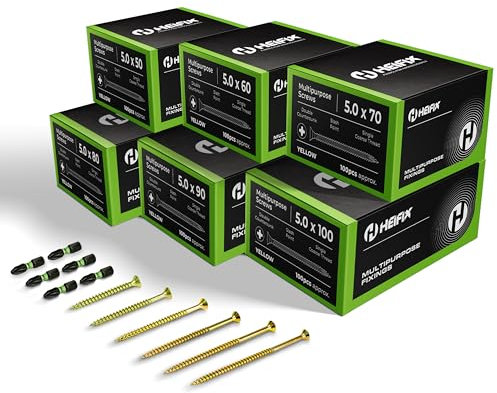Heifix 600-Piece Wood Screw Pozi Double Countersunk Assortment Bundle (5 x 50, 5 x 60, 5 x 70, 5 x 80, 5 x 90, 5 x 100) - FREE Screw Bit Included (Set Of 600)