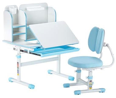 VEVOR Set Scrivania e Sedia da Studio per Bambini, Tavolo da Lavoro e Sedia per Bambini con Libreria e Cassetto, Inclinabile da 0 a 40° Regolabile in Altezza, per Camera da Letto e Studio, Blu
