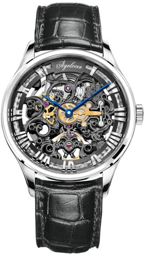 agelocer Automatisk klocka för män – rodiumpläterad skelettrörelse, 80 H kraftreservat, 42 mm rostfritt stålfodral, business vardaglig klädklocka