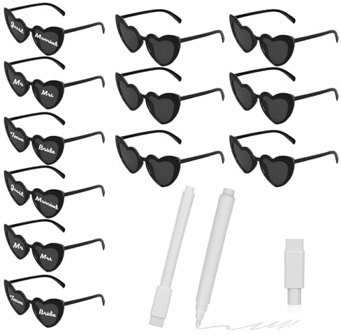 12 paia di occhiali da sole a forma di cuore per feste, set di occhiali da sole fai-da-te a forma di cuore con 2 pennarelli, occhiali da sole per matrimonio, occhiali da sole hippie a forma di cuore