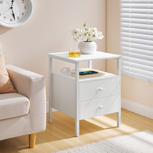 HOOBRO Nachttisch mit Ladestation, Beistelltisch, Sofatisch mit 2 Schubladen, Couchtisch mit USB-Anschlüssen für Wohnzimmer, Schlafzimmer, Modern, 39 x 39 x 59 cm, Weiß EWT43CBZ01G2