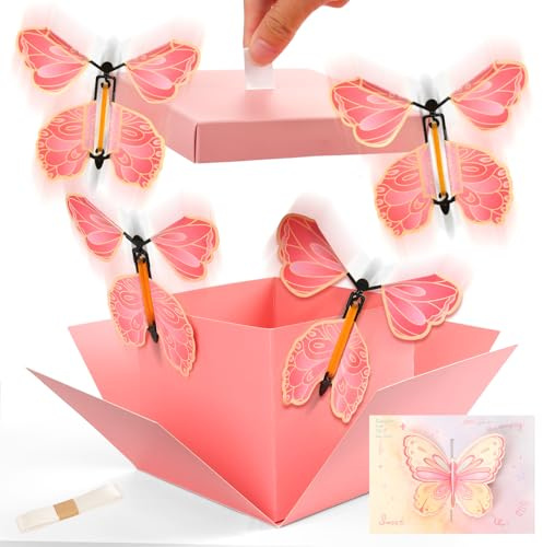 Boite Surprise avec Papillons Volants, 15 x 14,8 x 12,5 cm Explosion Box avec Carte de Vœux, DIY Boite Cadeau Anniversaire, Boite Explosion Surprise pour Noël, Mariage, Remise de Diplôme