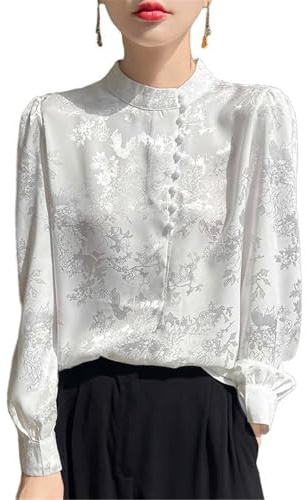 Womens Dressy Business Casual Blouse Traditional White Spring Mandarin Collar Silk Satin Shirt for Women-White-Large