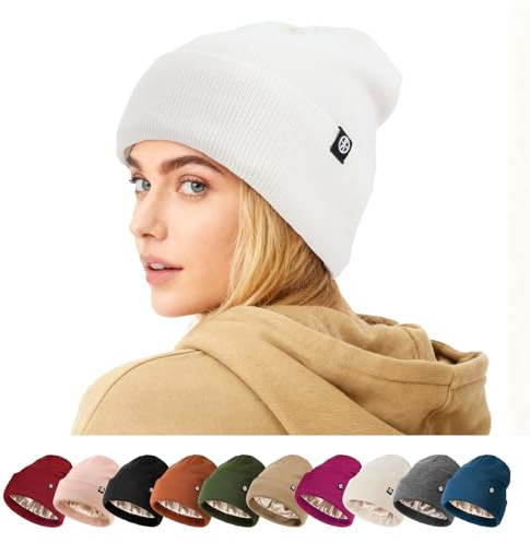 AYPOW satinfodrad vinter varm mössa hattar för kvinnor män, sidenfoder slouchy skalle keps, stretchig lätt vindtät mjuk stickad manschett löpning kepsar, BEIgE, one size