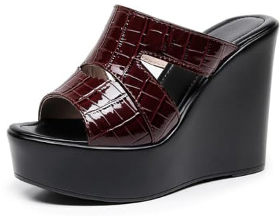 TNMIUH Mules Compensées Femme en Cuir, Talon Haut 12cm avec Plateforme 4cm, Sandales à Bout Ouvert, Noir, Blanc, Rouge, Or,Rouge,35 EU