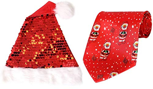 Ensemble chapeau et cravate de Noël avec bonnet de Noël rouge à paillettes + cravate rouge Ho Ho Ho ! Fête Cadeau de Noël amusant pour homme Accessoire de Noël pour homme Taille unique