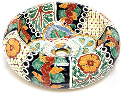 Amara Mexican Round Countertop Washbasin | 40 cm Ceramic Talavera Wash Basin from Mexico | Colourful Decorative Motifs | Ideal Bathroom with Wood Look Tiles, Cement Tiles, Rustic Cabinet