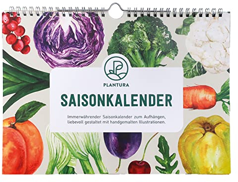 Plantura Saisonkalender für Obst & Gemüse, A4-Format, zeitloser Wandkalender mit handgemalten Illustrationen