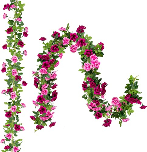 Veryhome 3Pcs Artificial Rose Vine Silk Flowers Fake Rose Vine Garland Plant 13 heads 7.9FT Floral Ivy Decoration for Home Wedding Arrangements Party Garden Décor Purple Fuchsia