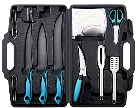 KNINE OUTDOORS Fish Fillet Knife Set Curved Flex 7 inch 9 inch Filet Knife for Filleting and Boning, Non-Slip Handles, Includes Fishing Braid Line Scissors, Fish Dressing Scissors, Filleting Pad