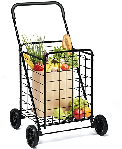 GOPLUS Carro de la Compra Plegable Multiusos 83L, Carrito Compra Portátil con 4 Ruedas y 2 Cestas, Asa Acolchada, Carga Máxima 45KG, Ideal para Lavandería Libro Equipaje, 57×58×91 cm, Negro