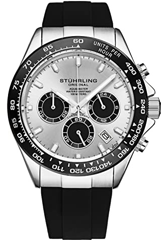 Stuhrling Aquamaster Quartz Chronograph Watch Silver Dial Screw Down Crown Luminous Hands, Ceramic Bezel, Black Rubber Band for Men 42mm Case Date Water Resistance (Silver)